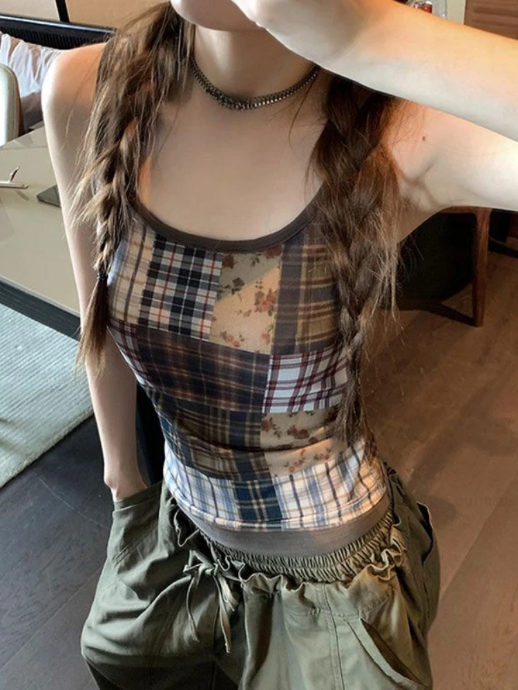 Hit Color Plaid Print Ropa Mujer Summer 2026 New Women's Tanks Y2k Harajuku Tops Spicy Girl Top Fashion Ins O-neck Clothes