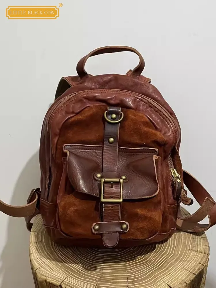 Men Vintage Spliced High Quality Cowskin Genuine Leather Casual Backpack Unisex Lovers School Bag Harajuku Travel Backpacks Male