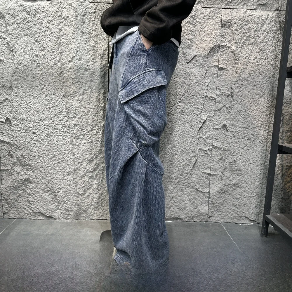 Heavyweight Retro 3D Tailored Wide Leg Workwear Jeans Men's Loose Silhouette American Straight Casual Pants Cotton Polyester