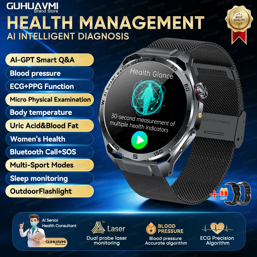 2026 AI Gezondheidsdiagnose ECG+PPG SmartWatch Mannen Bloeddruk Lipiden Urinezuur Hartanalyse 1,53-inch Bluetooth-oproep Smartwatch