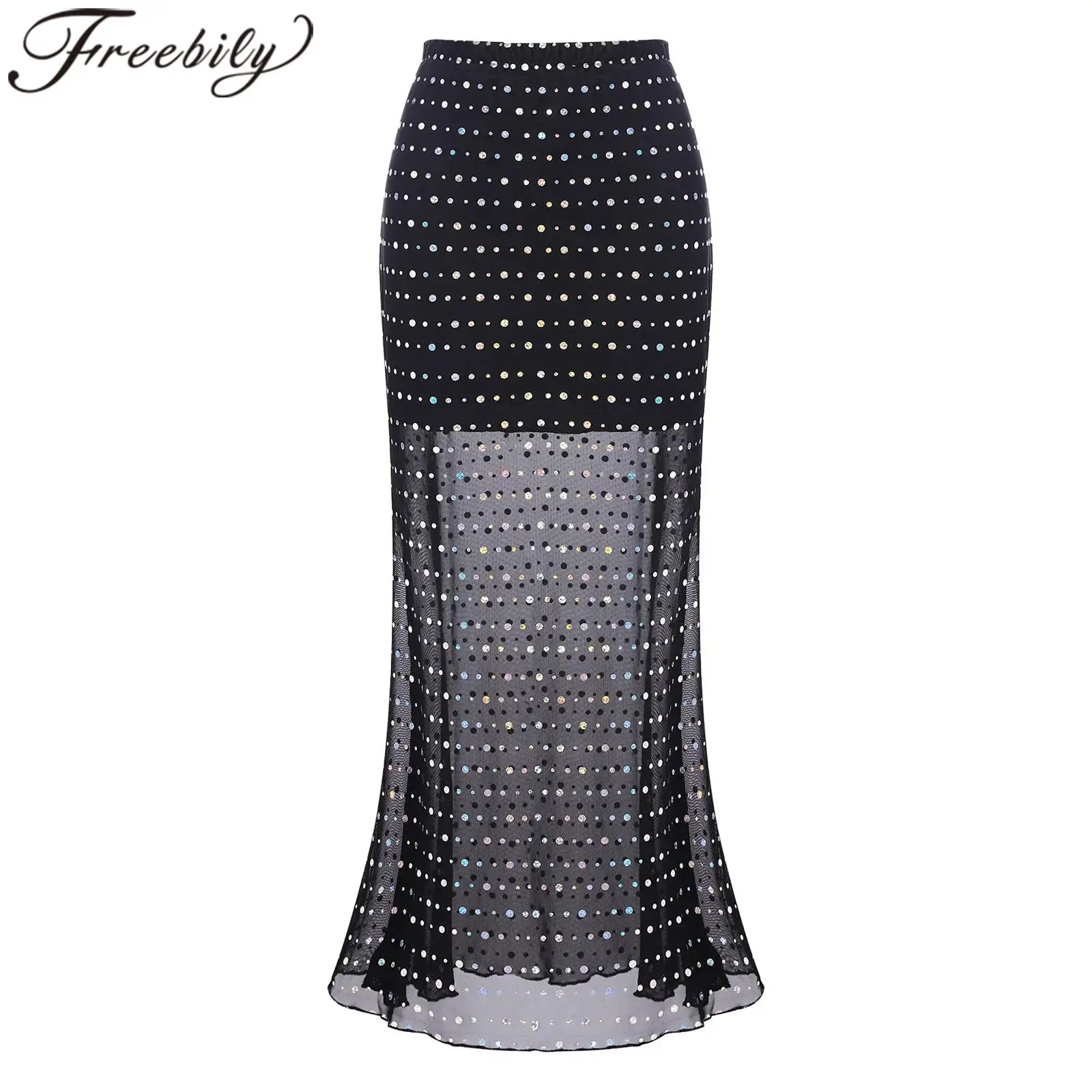 

Womens Glittery Bodycon Maxi Skirt for Banquet Evening Night Out Sequined Mermaid Skirt Vintage Sheer Mesh Elastic Waist Skirts