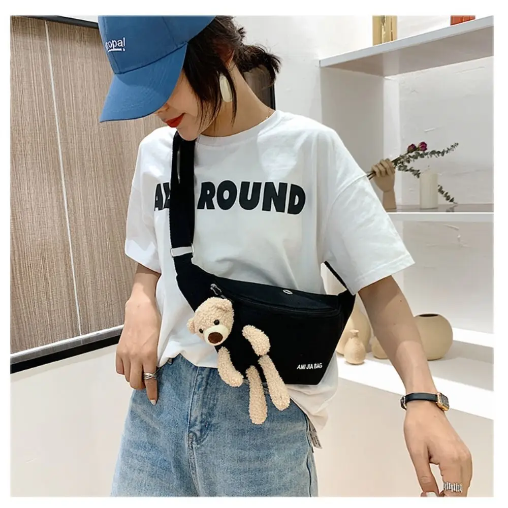 1PC Women\'s Cute Bear Waist Bag Canvas Belt Bags Designer Crossbody Chest Bag Female Solid Fanny Pack Banana Hip Purse
