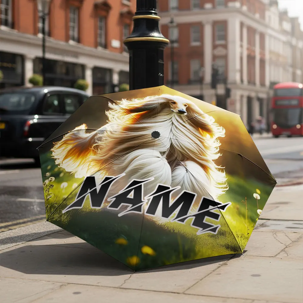 Custom Name Umbrella Elegant Afghan Hound Running On Grassland Print Folding Travel Parasol Pet Dog Portrait Present For Lovers