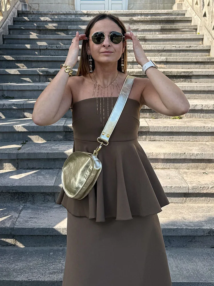 

HH женский новый модный плиссированный топ без бретелек без рукавов на молнии сзади + летняя асимметричная юбка-миди трапециевидной формы с украшением, однотонный костюм