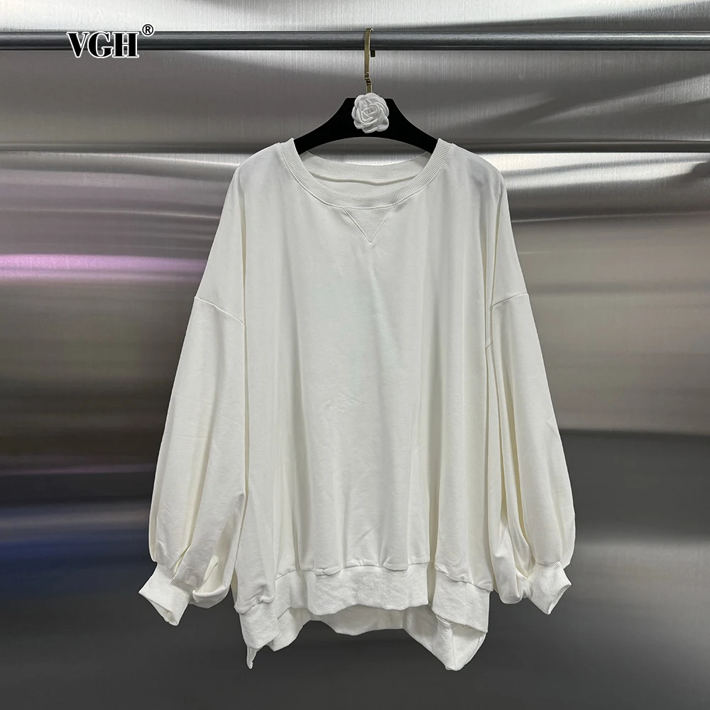 

VGH Solid Folds Minimalist Sweatshirts For Women Round Neck Batwing Sleeve Casual Loose Pullover Sweatshirt Female Fashion New