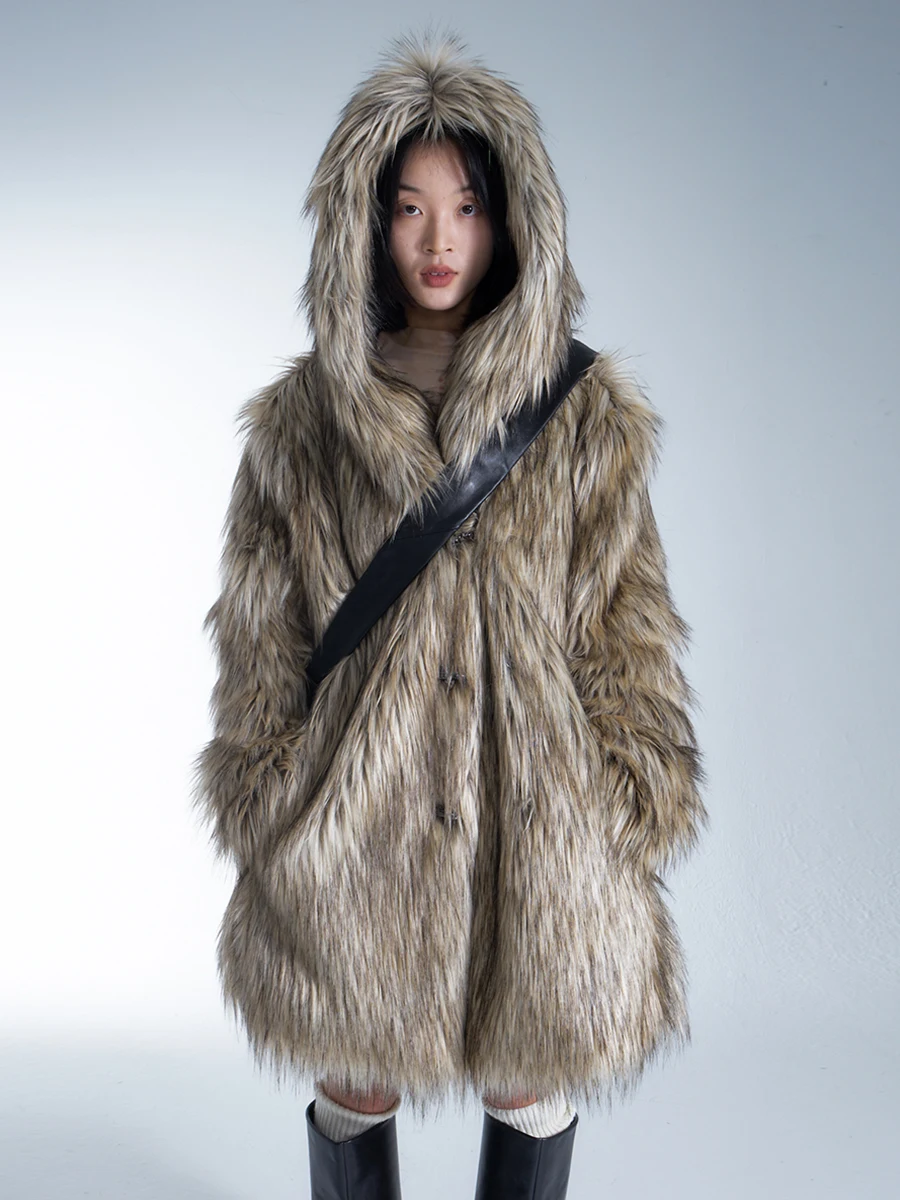 

TROPICEYE Оригинальное пальто-накидка с капюшоном из экологичного меха, теплая длинная верхняя одежда, утепленное меховое пальто, уличная зимняя одежда