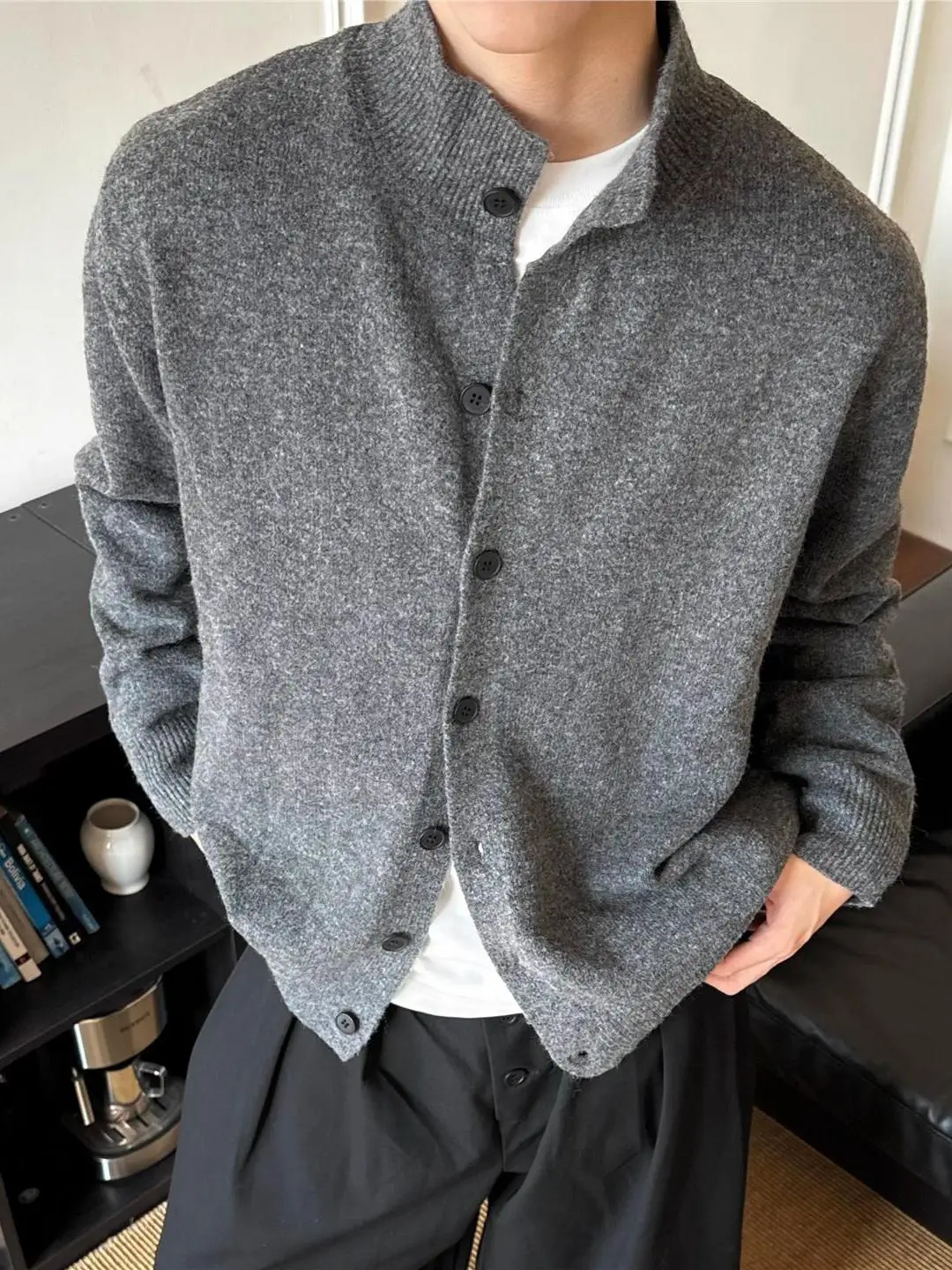 

ay f-High Collar Knitted Open Cardigan Casual Couple Sweater American Retro Lazy Sle Autumn Winter Warm Soft Loose Fit