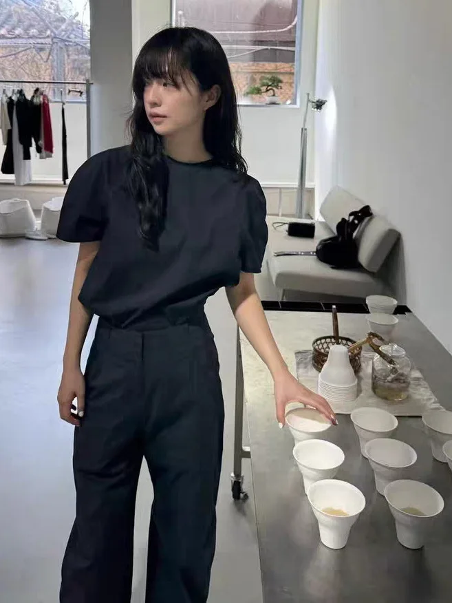 

Korean Style Short Sleeve Bubble Sleeve Shirt Women's Summer 2026 Fashionable Casual Cotton Top round Neck Pure Color