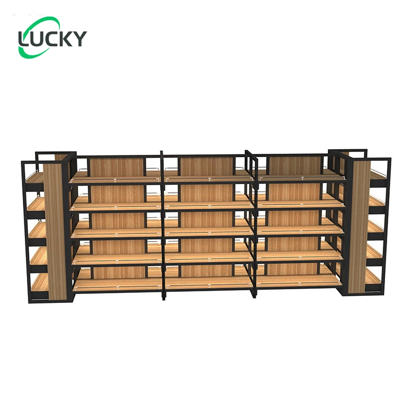 custom.Leke Superior Material Wooden Storage Supermarket Shelf Metal Display Goods Convenience Rack Gondola Sale