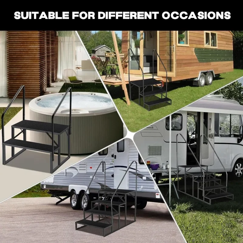 RV Steps with Handrails, 4 Step RV Stairs 660 lbs Load Capacity, Step Ladder with Anti-Slip Panel, Mobile Home Stairs