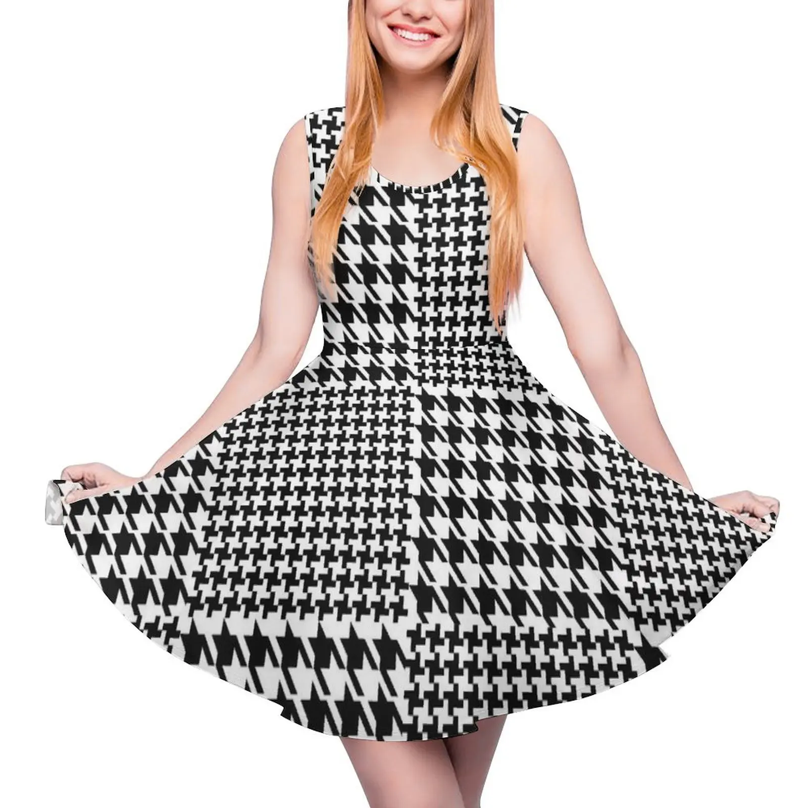 Vintage Houndstooth Dress High Waist Patchwork Print Casual Dresses Summer Women Oversized Boho Pattern Skate Dress