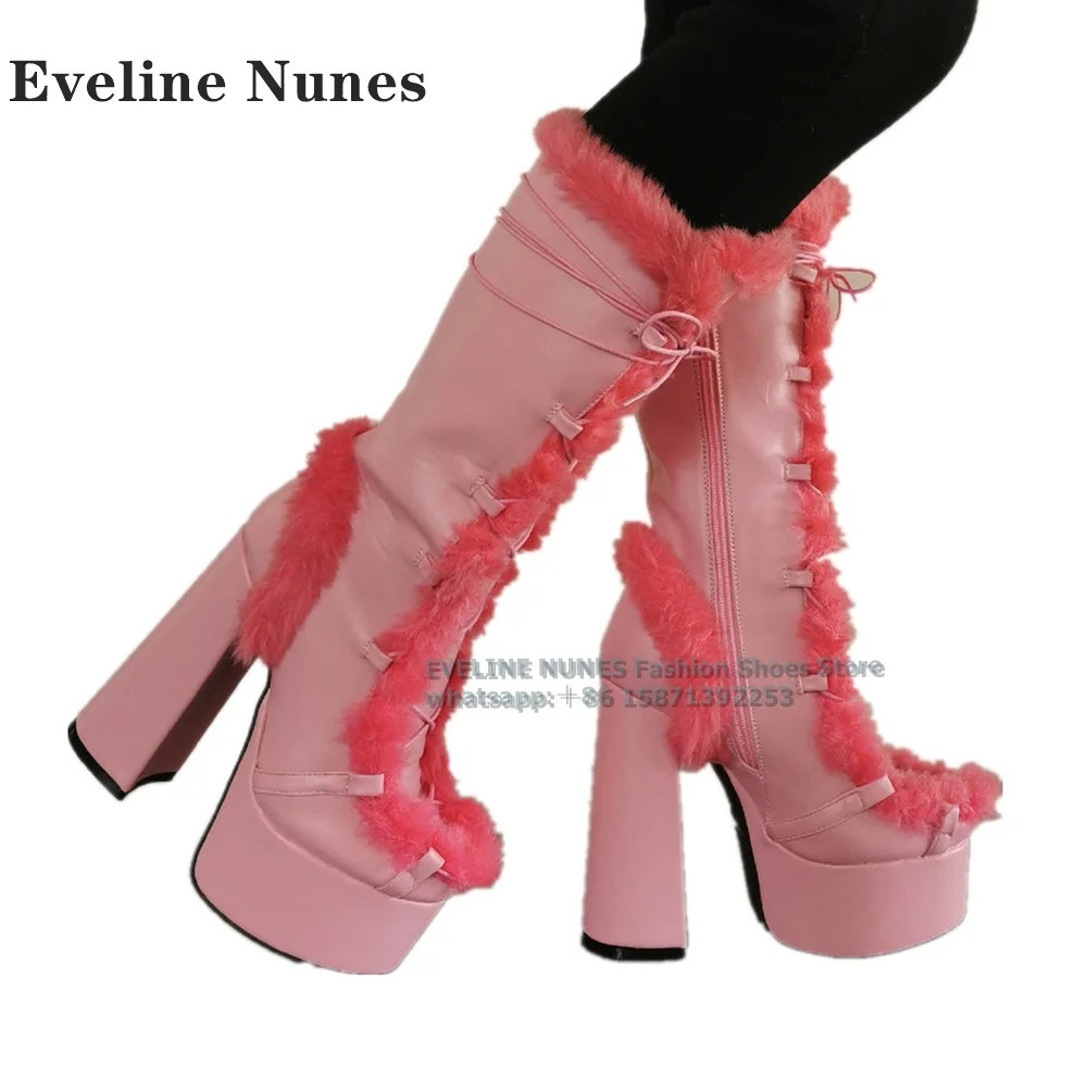 Furry Fur White Cross Tied Platform Knee High Boot Round Toe Block Heel Height Increasing Side Zipper Women Runway Show Shoes