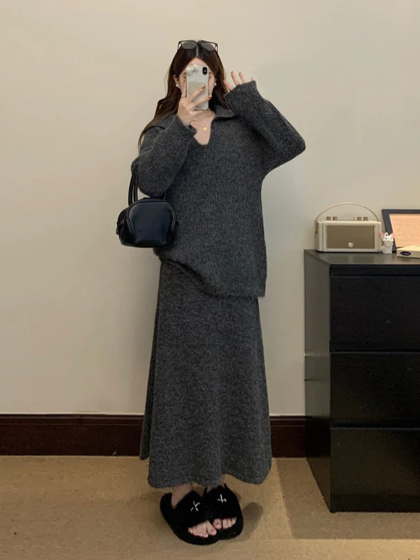 plus Size Women's Grey Sweater Set Casual Style Slimming Effect Two Piece Ensemble Winter Fashion Comfortable High Waist Long...