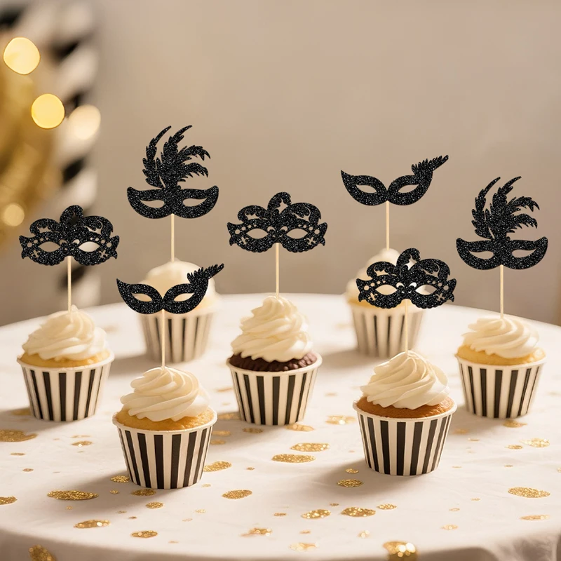 YOMDID 24 Stück Maskerade-Masken, Cupcake-Topper, glitzernde Bachelorette-Party, Cupcake-Picks, Maskerade, Karneval, Party-Dekorationen – Detail 9