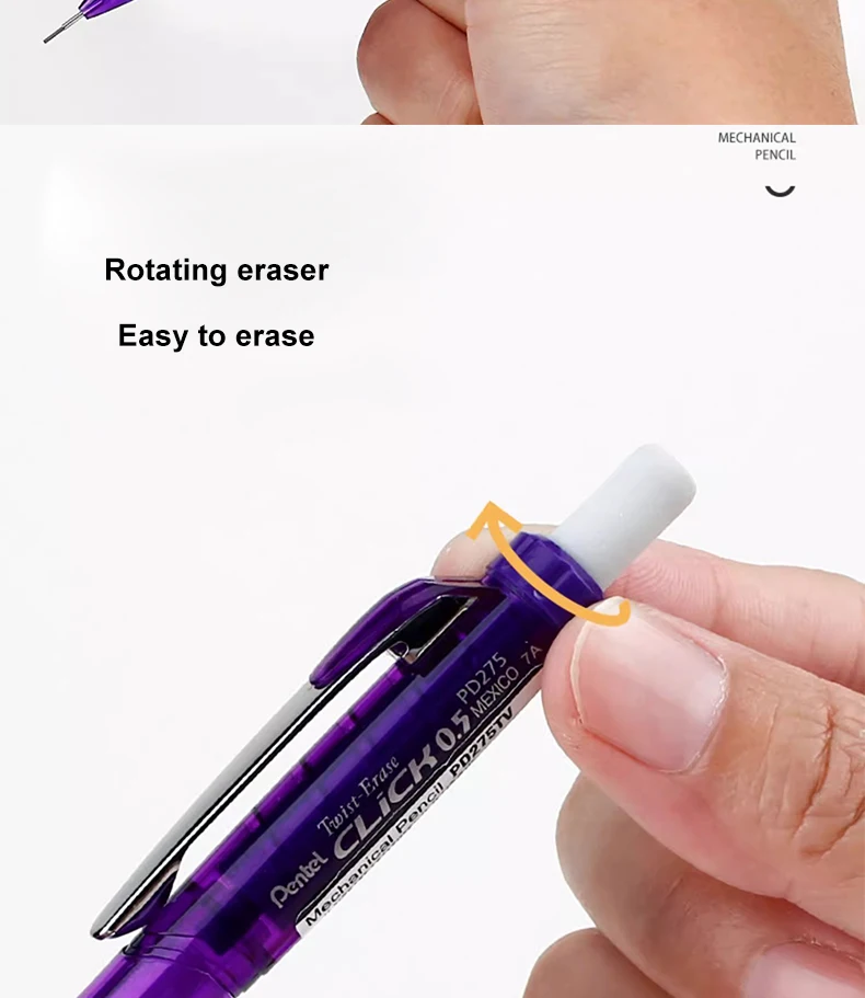1 Stück Japan Pentel Druckbleistift PD255 mit seitlicher Druckmechanik und drehbarem Radiergummi, 0,5 mm, nicht leicht zu zerbrechende Mine, Zeichenbedarf, Schulbedarf – Detail 3