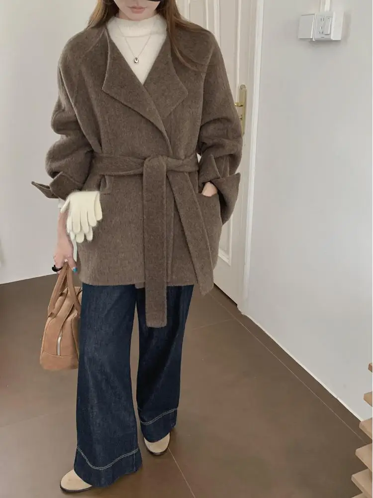 Office Lady Camel Hair Woolen Jackets 2024 Autumn And Winter O-Neck Lace-Up Tie Loose Short Women's Wool Coats Outerwear