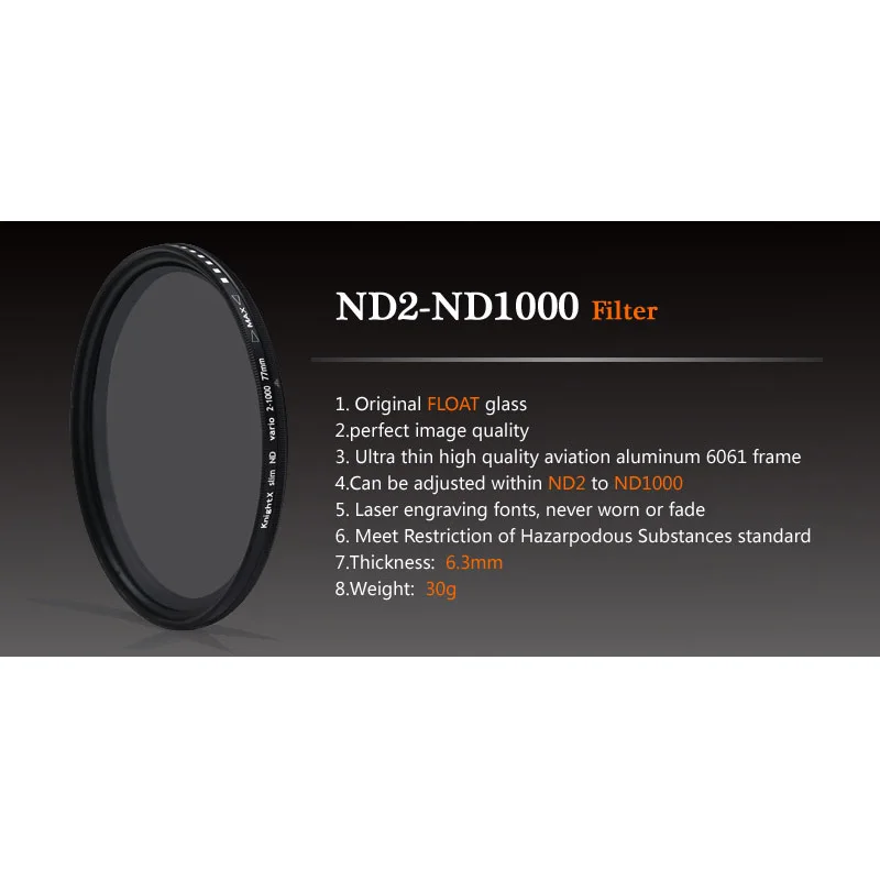 KnightX ND2-ND1000 SLR DSLR Camera Variable ND Filter Neutral Density Fader Adjustable ND2-400 49 52 55 58 62 67 72 77 mm