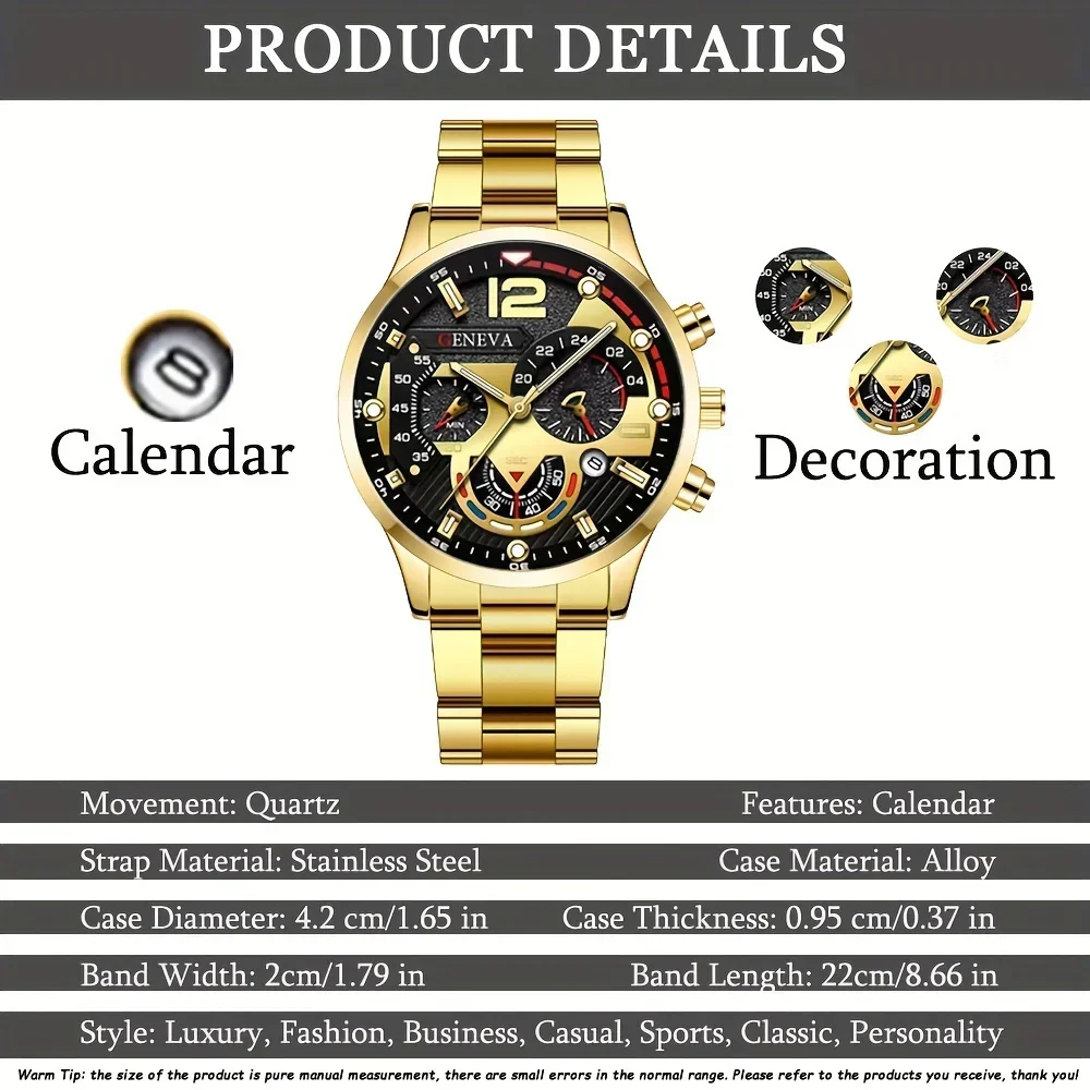 Fashion Men's Business Calendar Stainless Steel Quartz Wristwatch & Bracelet Set