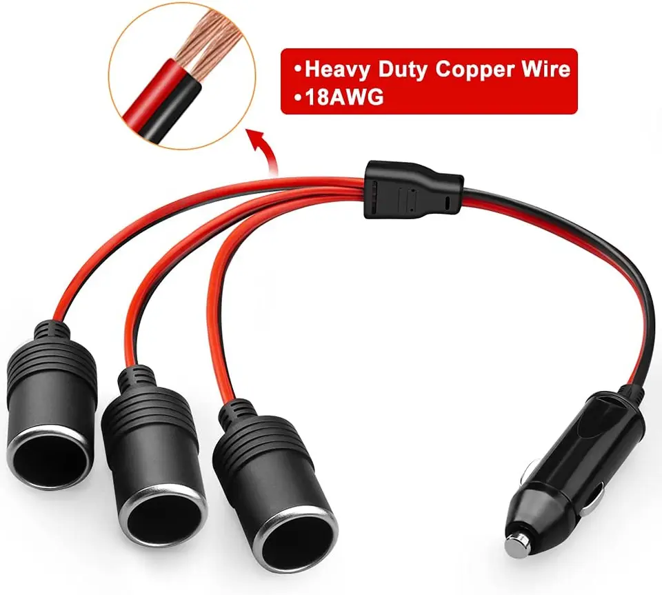 Extractme 15A 1 To 3 Car Cigarette Lighter Socket Splitter Adapter 12/24V  Auto Charger 18AWG Cigar Lighter Extension Cord Cable