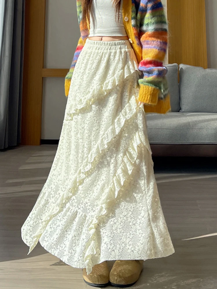 

Длинная асимметричная юбка-фонарик из кружева с подкладкой для женщин, свободного кроя, на резинке, со средней талией, в стиле «фея»