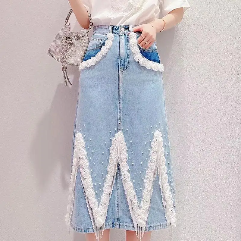 

Korean Niche Nail Bead Tassel Denim Skirt for Women's Autumn New High Waisted Three-dimensional Flower Jeans Skirts