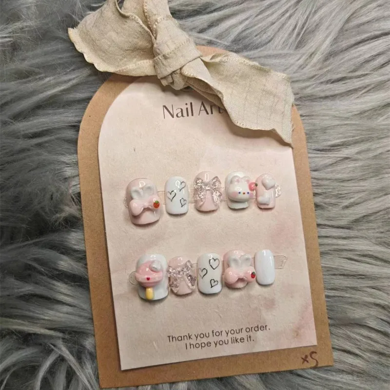 Short Handmade Cute Rabbit Lollipop 3d Press on Acyrlic Nails with Glue Hands Kawaii Girls 10 Pcs Nail Tips with Box and Tools