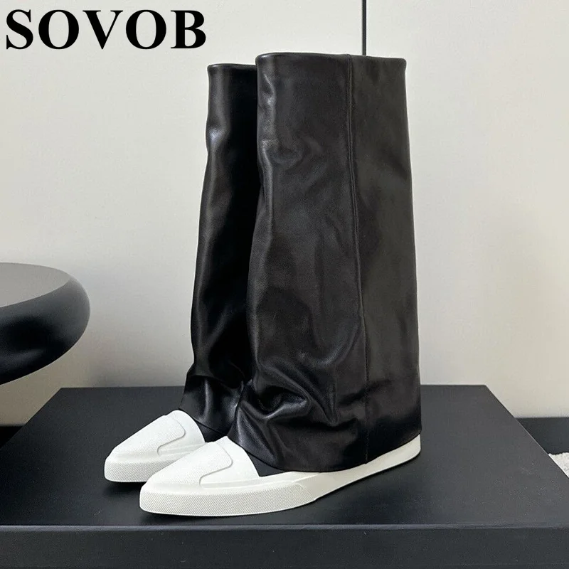 

New Spring Autumn Genuine Leather Flat Bottomed Medium Long Boots Women's With Pleated Design Pointed Toe Versatile Short Boots