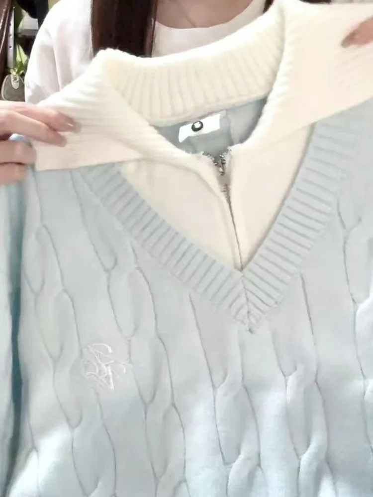 Pull tricoté bleu pour femme, ample, paresseux, col torsadé, vêtement d'extérieur, automne-hiver