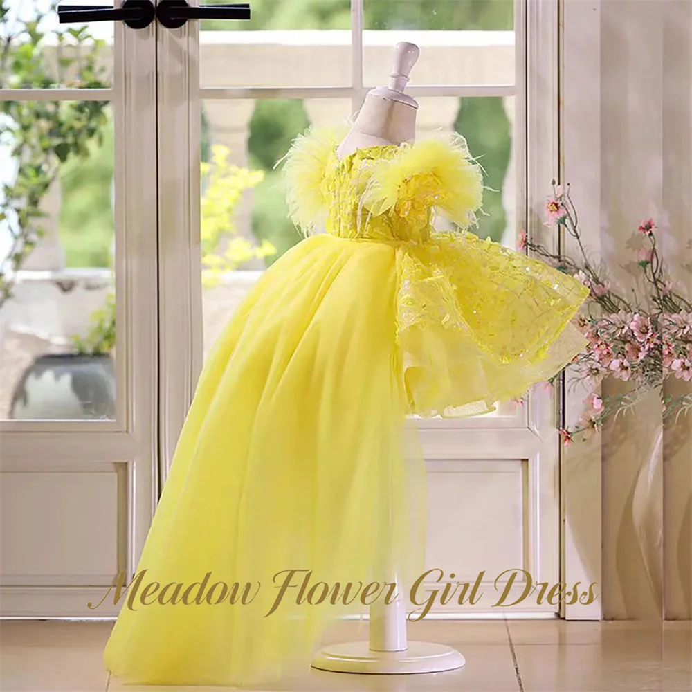 Meadow Yellow Pageant Dresses for Girl Round Neck Short Sleeve Children Birthday Wedding Dresses A Line First Communion Gown