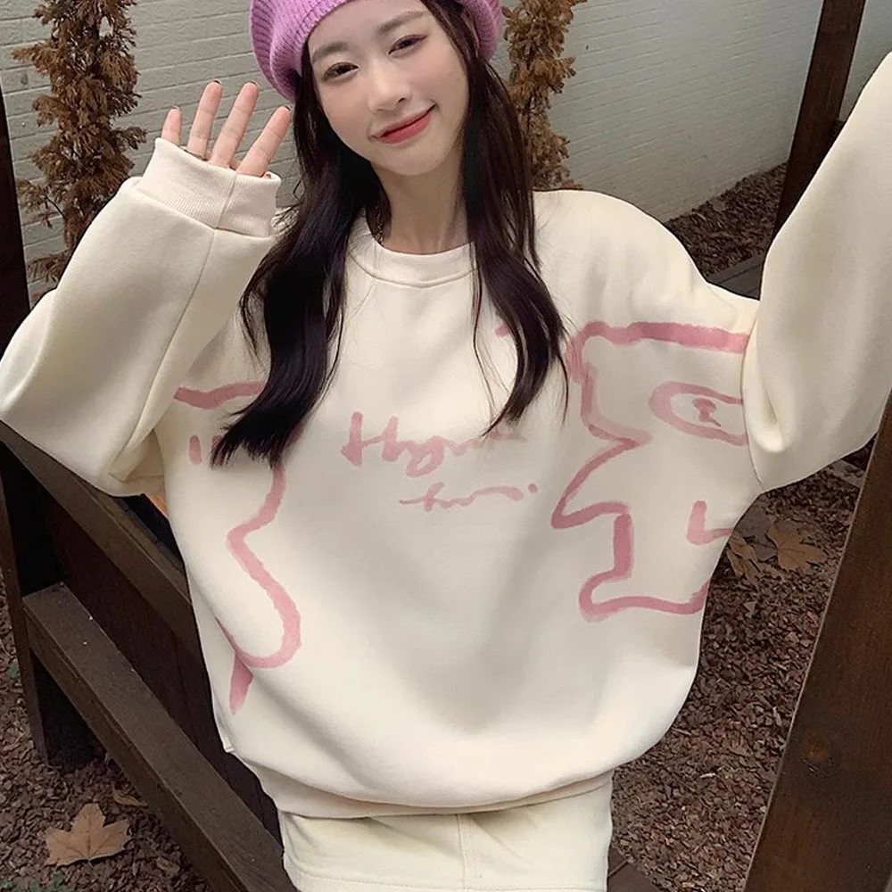 2024 Autumn/Winter Oversize Sweatshirt Cartoon Bear Print Hoodie for Women Thicken Long Sleeve Tops Casual Sweet Pullovers Trend