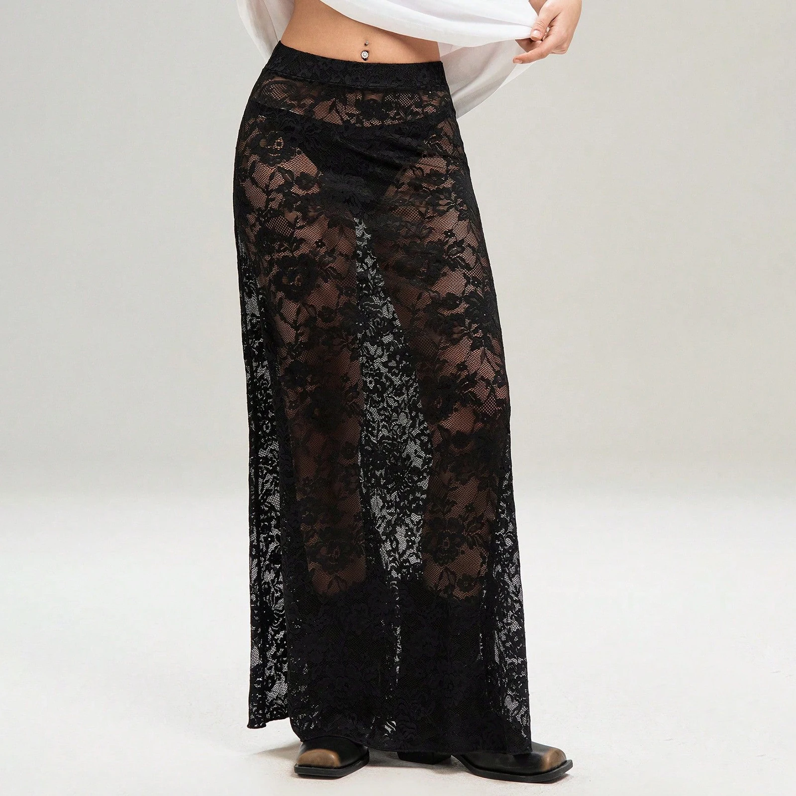 تنانير نسائية صيفية متوسطة الطول كاجوال أنيقة بلون سادة من الدانتيل الشفاف لملابس حفلات عطلة الشاطئ