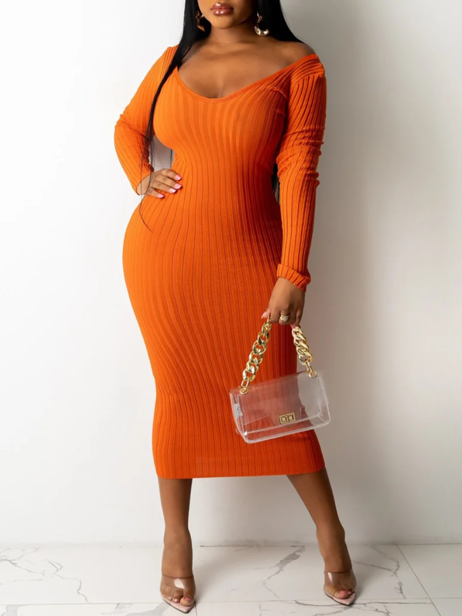 

LW Plain Dresses Off The Shoulder Rib Knit Bodycon Dress BASICS Long Sleeve V Neck Wrapped Skirt Stretchy Solid Color Vestidos