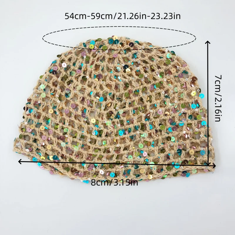 Summer Sequined Hollow-Out Handmade Fishnet Hat for Women, Solid Color Versatile, Exquisite, Face, Snug-Fitting Party Cap