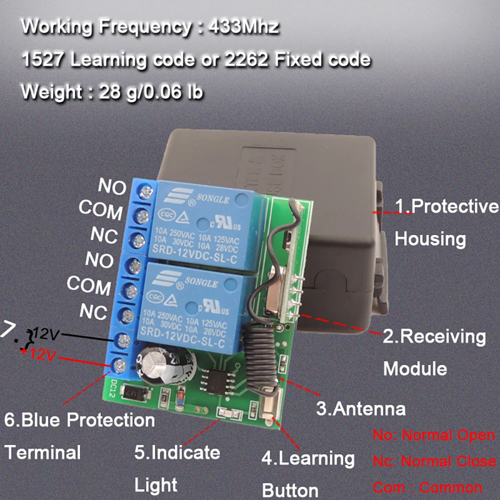 433MHz 12V Wireless Garage Door/Motor/Car/Light Remote Controller Switch 10A 2CH Relay Receiver Module with Keyfob Transmitter