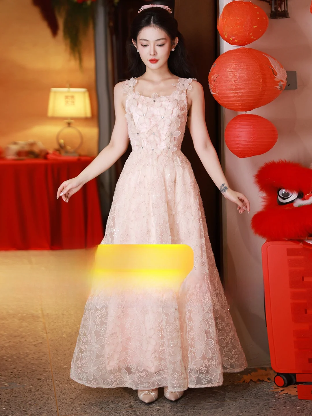 

plus Size Pink Floral Evening Gown Luxury mat Student Performance Host Skirt Women's A-Line Long Dr Wedding Par