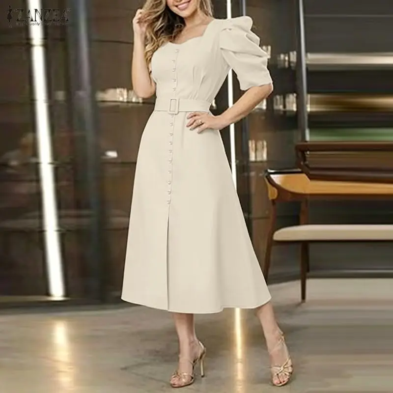 ZANZEA Damen Vintage Midikleid mit quadratischem Ausschnitt, kurzen Puffärmeln, Gürtel und Schlitz am Saum, A-Linien-Kleider, Sommer, elegant, für den Alltag, Vestidos