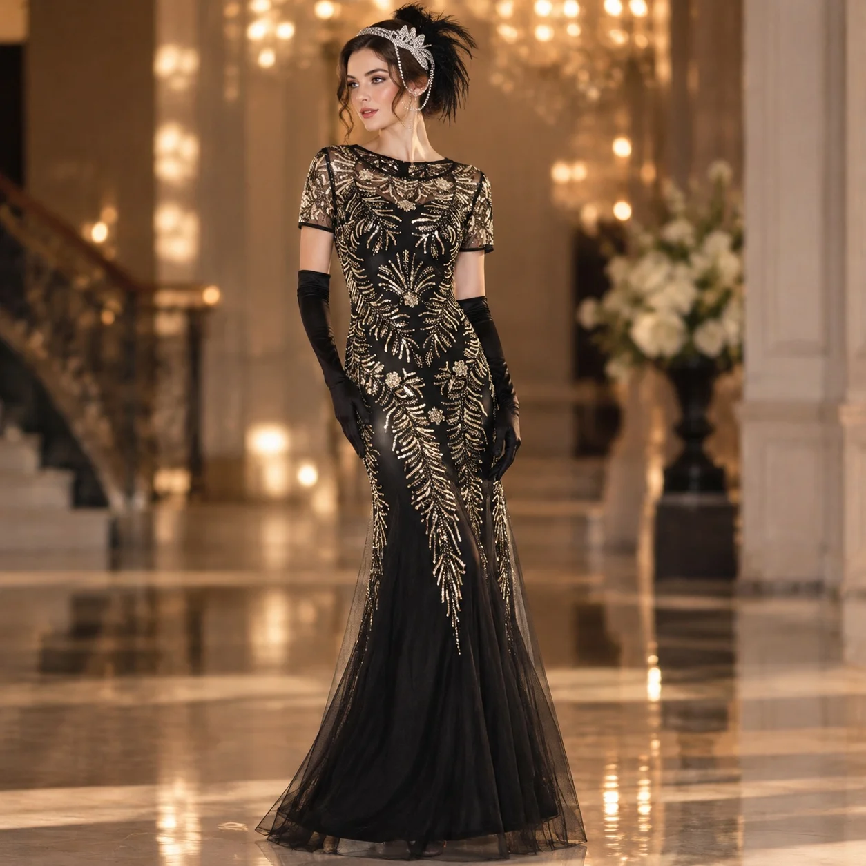 Sequin Long Dress Gown Mermaid Silhouette High Waist Elegant with Socialite Style Formal Gown Wedding Guest Dresses for Women