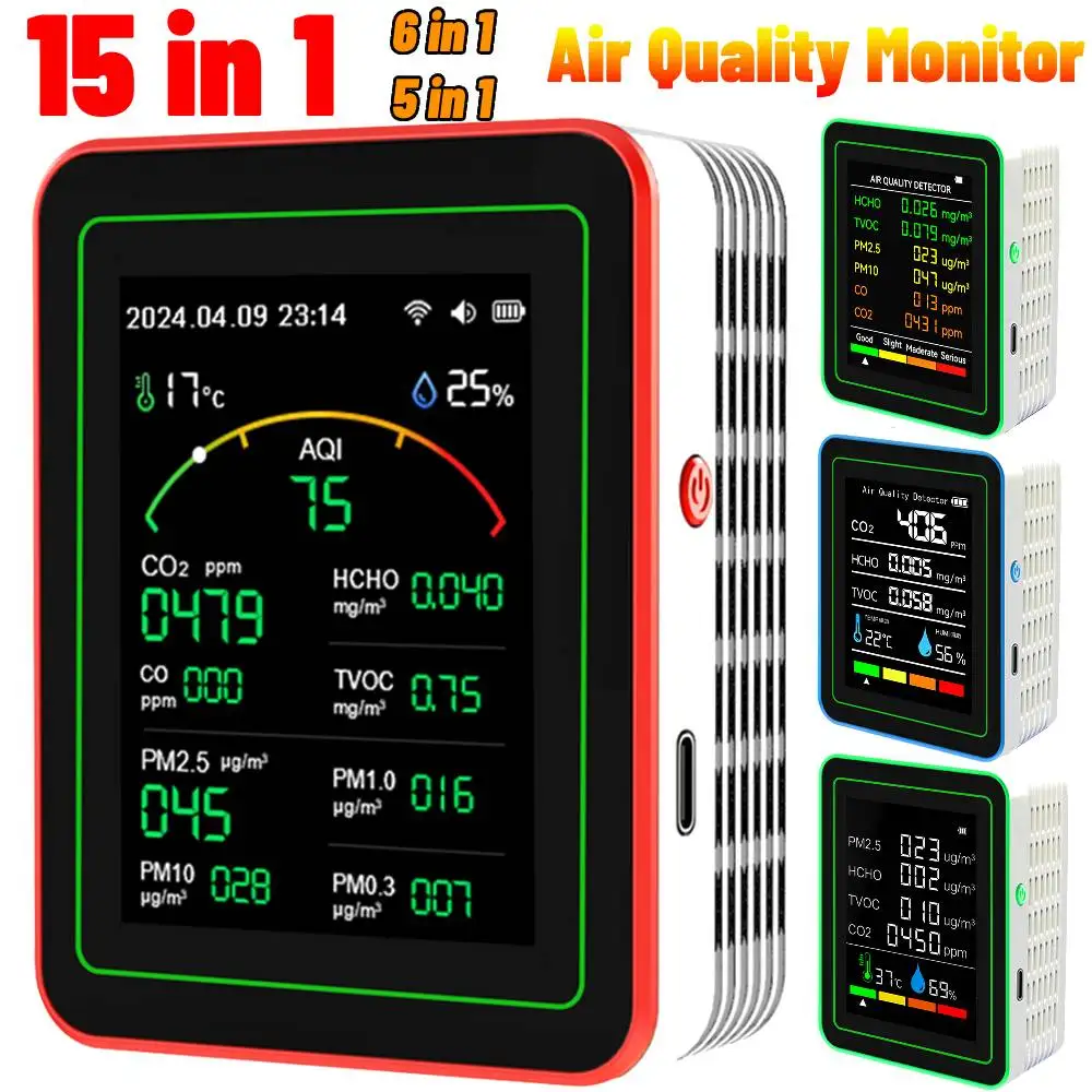 15/6/5 في 1 الرقمية مراقبة جودة الهواء CO CO2 TVOC HCHO الرطوبة درجة الحرارة كاشف جودة الهواء PM1.0 PM2.5 PM10 CO2 تستر