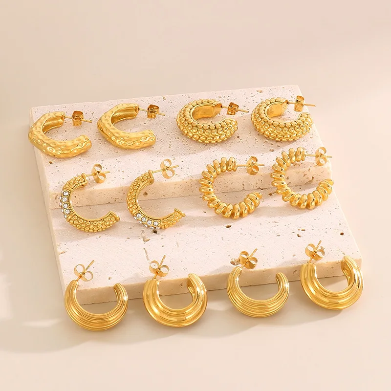 

Gold Color Stainless Steel Dangle Earrings For Women C Shape Shiny Rhinestone Drop Earrings Mujer French Luxury Jewelry Gifts