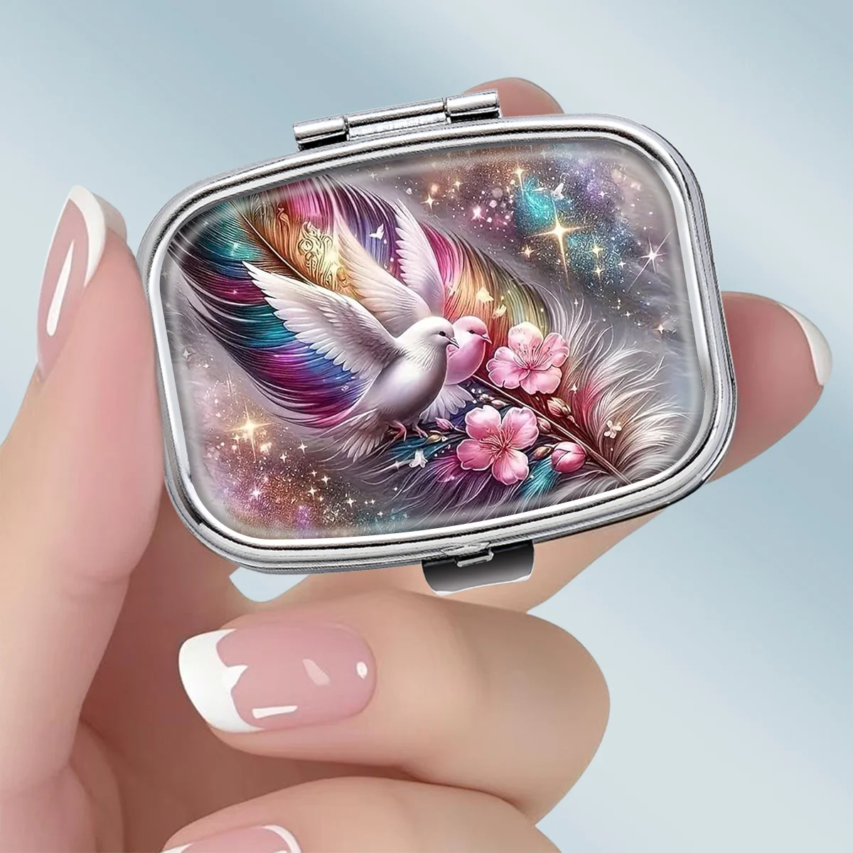 1PC Dreamy and Gorgeous Metal Pill Box with Colorful Feathered White Dove Theme - Square 2-Compartment Portable Medicine Storage Box, Food-Grade Vitamin Organizer, Perfect for Travel or as a Handheld Decorative Gift, Lightweight Design, Specially Designed for Daily Medication Use