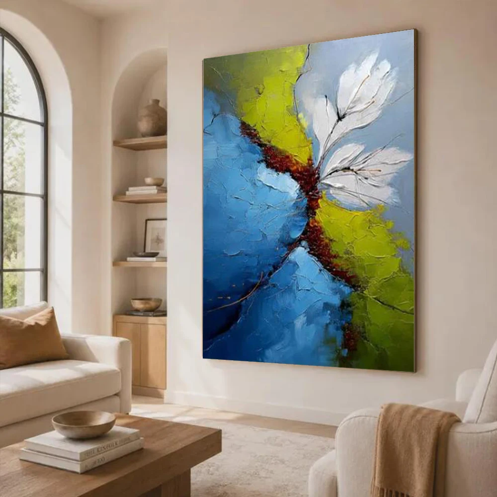 Peinture à l'huile abstraite 100% faite à la main sur toile, fleur d'abricot bleue, art mural pour salon, décoration intérieure, image cadeau