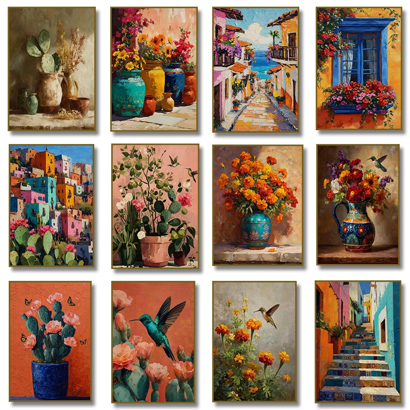 Mexican Still Life Marigold Cactus Hummingbird  Botanical Folk Poster Buildings Canvas Painting Print for Living Room Home Decor