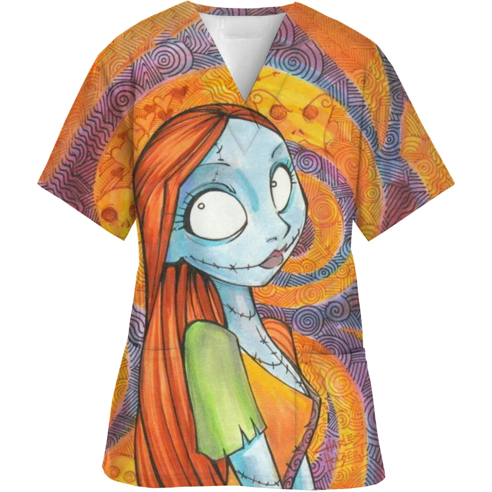 

V-neck workwear, hospital uniform, Halloween surgery, The Nightmare of Christmas printed nurse medical uniform, frosted top for