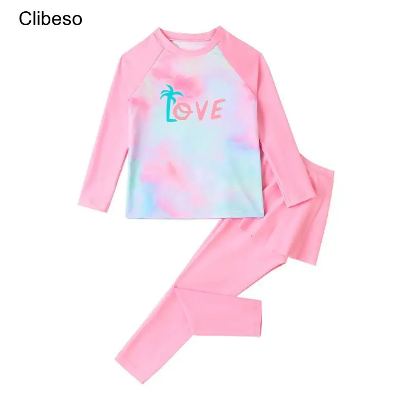 

Clibeso Girl Two Pieces Suit 2-7 Year Children Long Sleeve Skirt Swimsuit Kid Love Letter Print Pink Swimwear Baby Bathing Suit