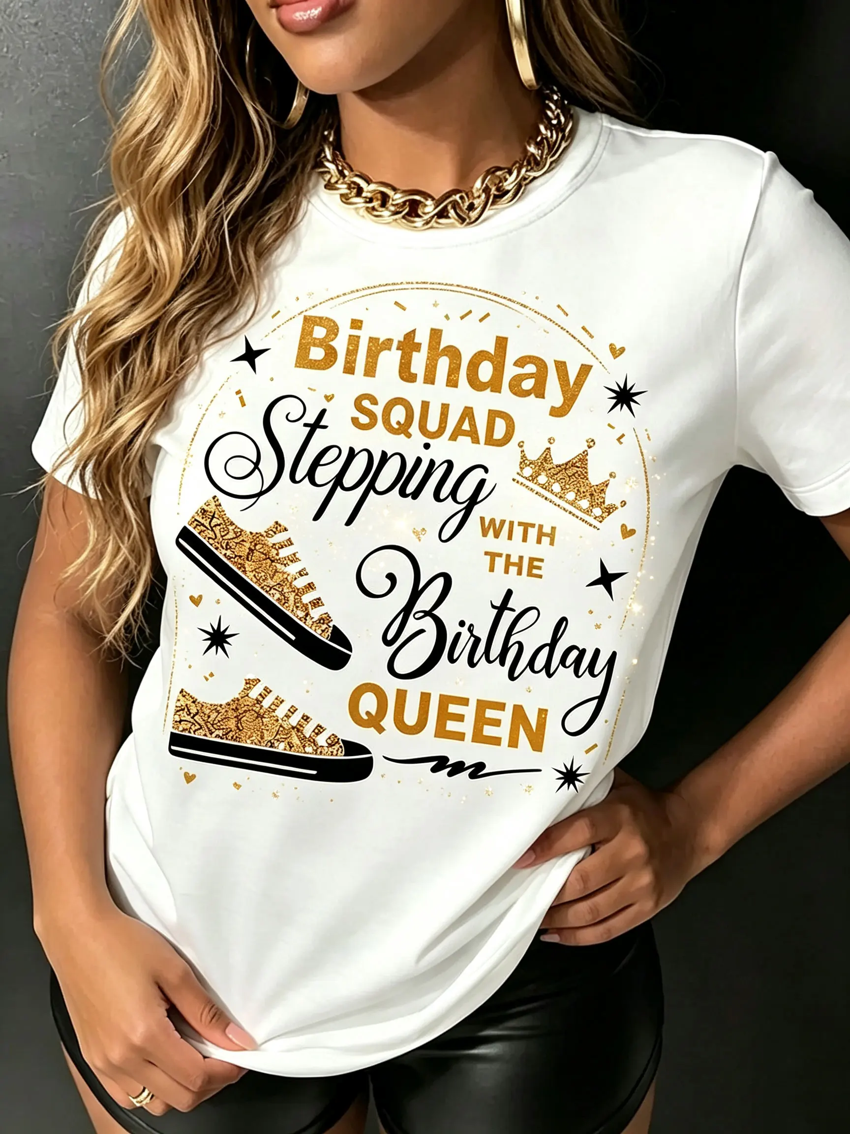 Cotton Birthday Squad Matching Tee with Gold Crown