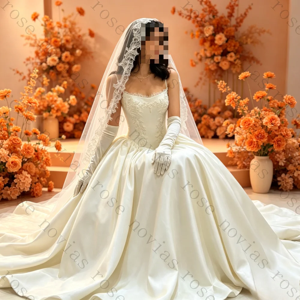 Customized Spaghetti Strap Satin Ballgown Wedding Dresses Floral Lace Corset Bodice Simple Elegant Voluminous Bridal Gowns