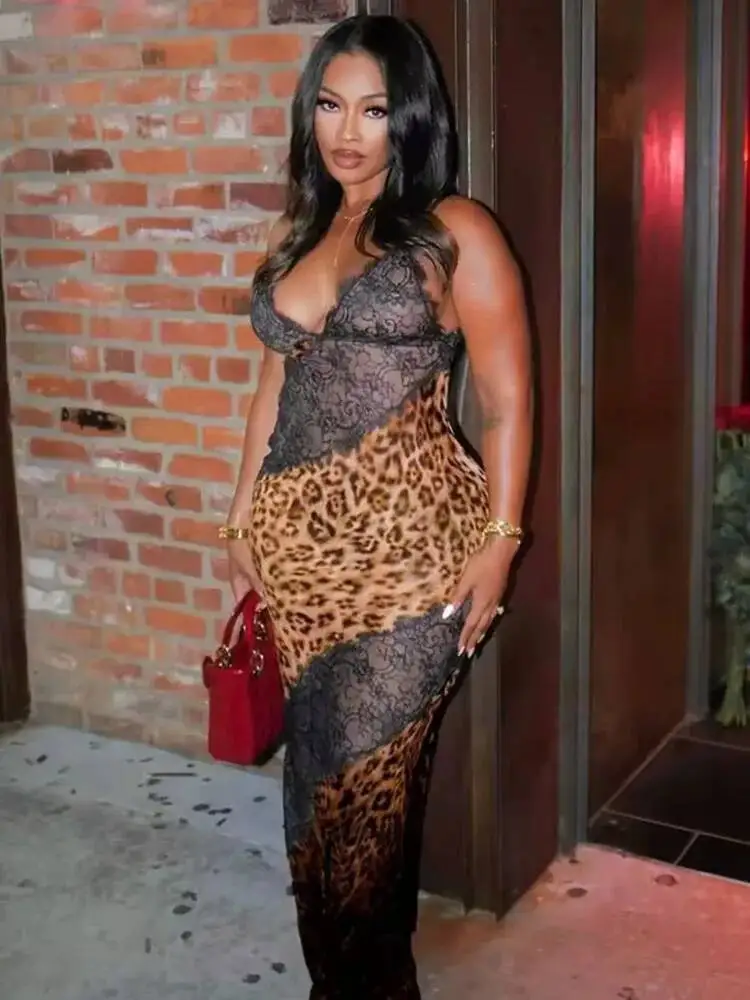 Mozision ヒョウ柄スパゲッティストラップセクシーなマキシドレス女性パッチワークシースルーノースリーブバックレスビーチクラブパーティードレス