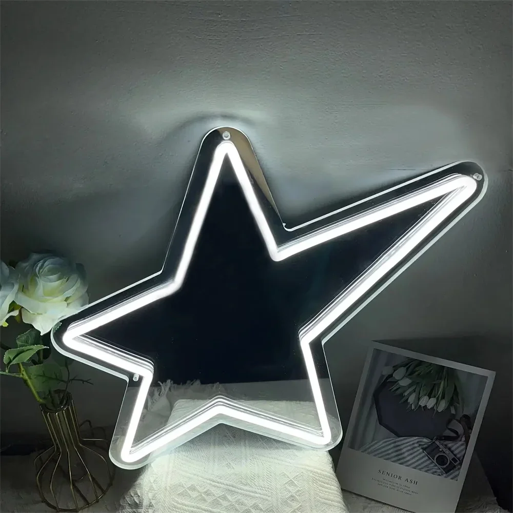 Star Mirror Neon Sign for Home Bedroom Girls Party Kids Shop Decor Night Light  Wall Decor USB LED Mirror Neon Light Sign