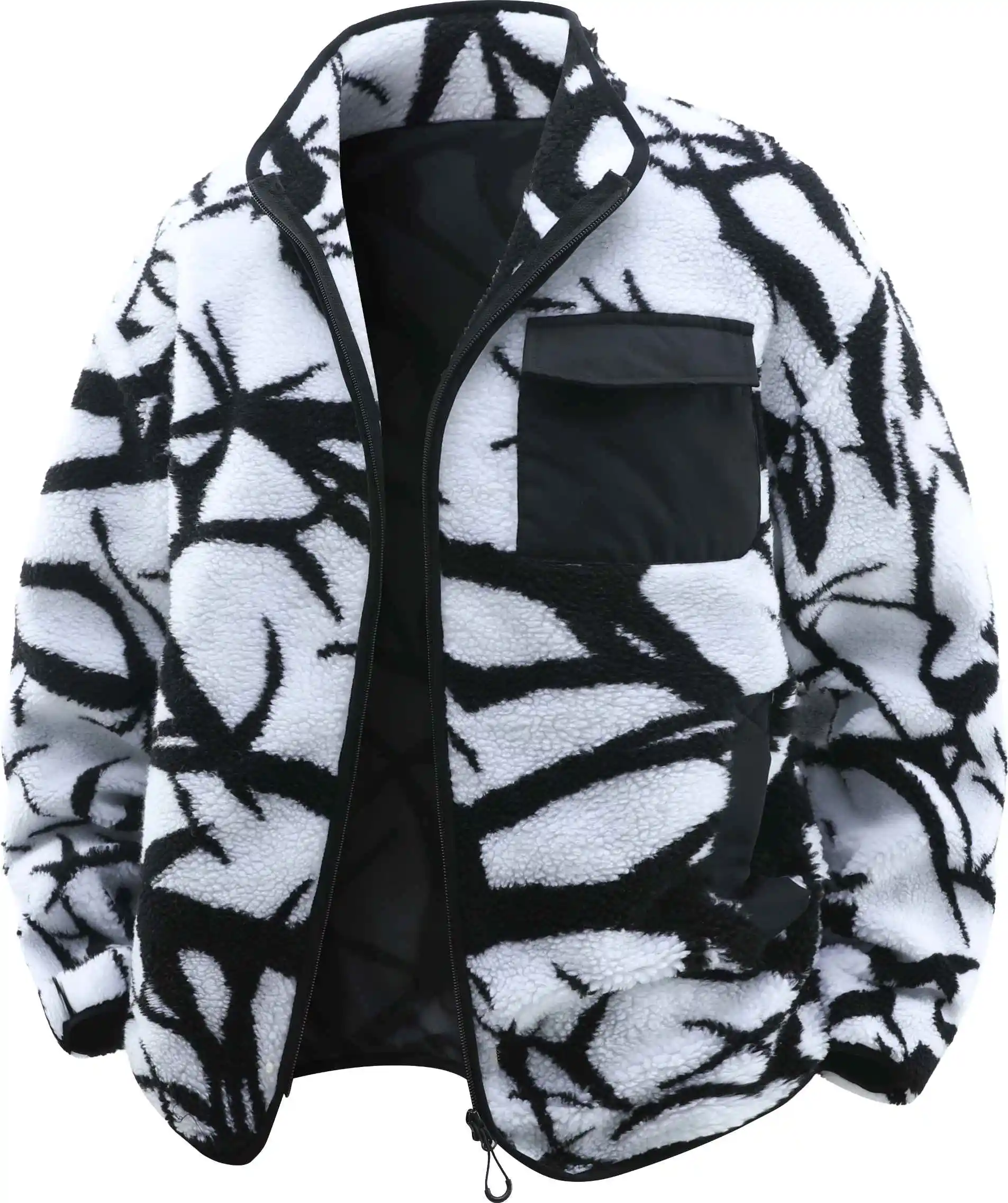 Men Autumn Winter Stand Collar Fleece Jacket, Black White All Over Print, Zip Up Design, Chest Cargo Pocket, Thick Sherpa Fleece Fabric, Windproof Warm, Adjustable Hem, Trendy Casual Outerwear Coat