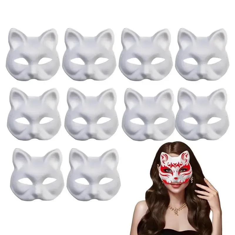 10PCS Cat Mask White Cat Masks To Paint Blank Animal Dress Up Masks for Masquerade Halloween Kids Cosplay Masks Costume Favors